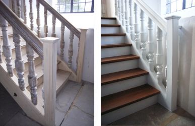 Kirche Neudrossenfeld, Nachbau einer historischen Treppe zu den Emporen unter wieder Verwendung der Treppensprossen und der Handläufe ** vorher – nachher Kirche Neudrossenfeld, Nachbau einer historischen Treppe zu den Emporen unter wieder Verwendung der Treppensprossen und der Handläufe ** vorher – nachher