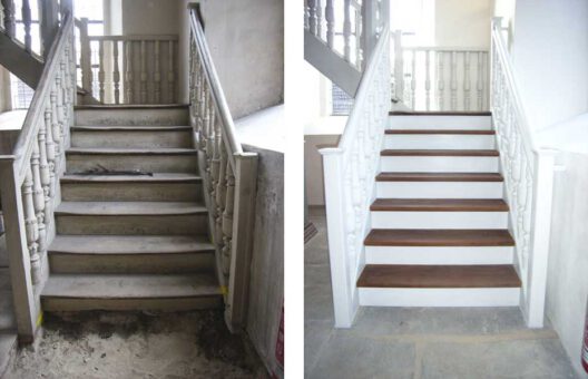 Kirche Neudrossenfeld, Nachbau einer historischen Treppe zu den Emporen unter Verwendung der alten Treppensprossen und der alten Handläufe ** vorher – nachher